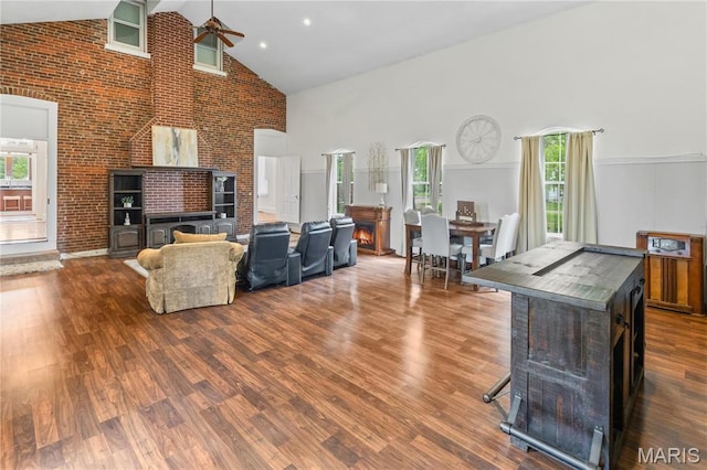 339 E Ml, Millstadt, IL 62260 - living room featuring high vaulted ceiling, a ceiling fan, and wood finished floors