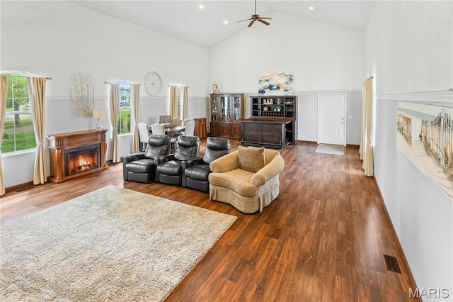 339 E Ml, Millstadt, IL 62260 - living room featuring high vaulted ceiling, wood finished floors, a lit fireplace, and ceiling fan