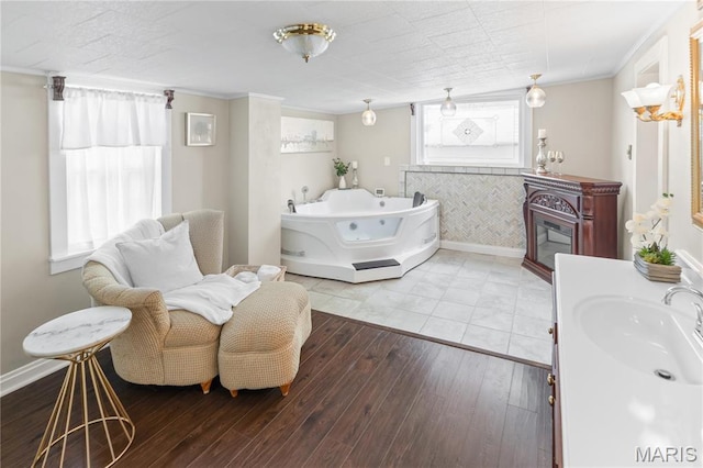 339 E Ml, Millstadt, IL 62260 - bathroom with baseboards, a whirlpool tub, wood-type flooring, vanity, and ornamental molding