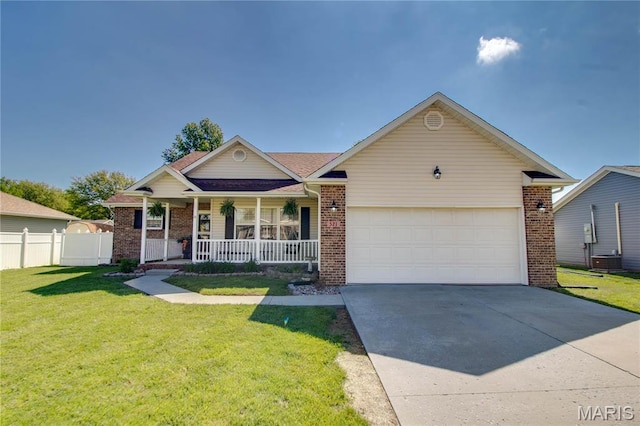 ranch-style house with a porch, brick siding, driveway, and an attached garage