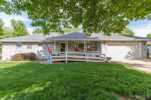ranch-style house with driveway, an attached garage, a front lawn, and a shingled roof
