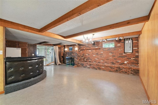 124 Dawn Dr, Washington, MO 63090 - bar area featuring refrigerator, wooden walls, electric panel, beam ceiling, and brick wall