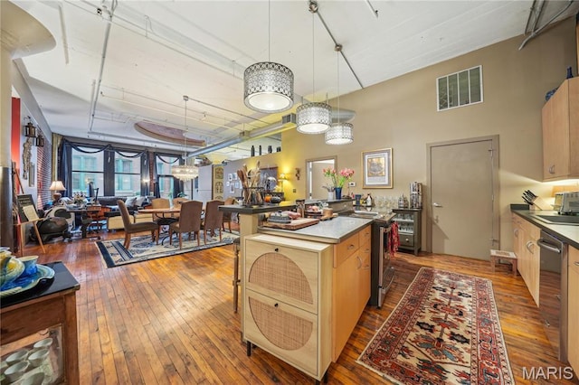 1010 Saint Charles St Unit 701, Saint Louis, MO 63101 - kitchen with appliances with stainless steel finishes, hardwood / wood-style floors, a center island, open floor plan, and a sink