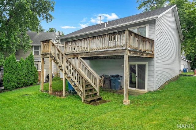 159 Village Circle Dr, Lake St Louis, MO 63367 - rear view of property with a yard, a wooden deck, stairs, and roof with shingles