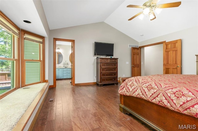 2453 Lone Trail Dr, Foristell, MO 63348 - bedroom with vaulted ceiling, wood finished floors, ensuite bath, and ceiling fan