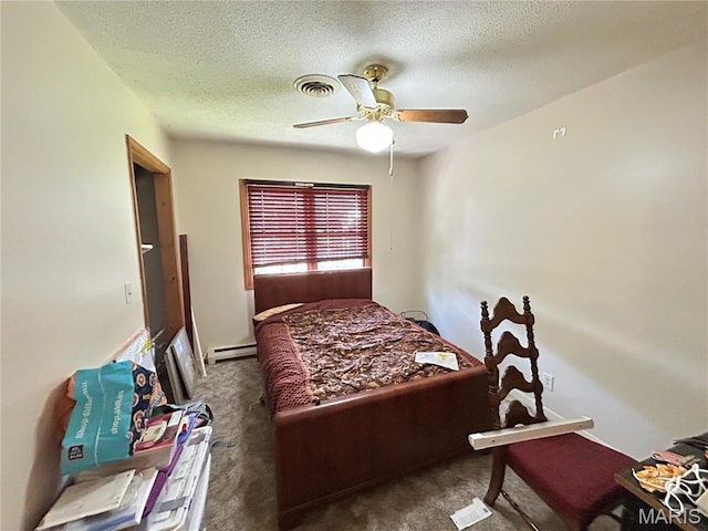 120 E Beth St, Licking, MO 65542 - bedroom with a baseboard radiator, carpet floors, a textured ceiling, and ceiling fan
