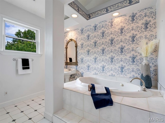 590 Fairway Dr, Union, MO 63084 - bathroom with a bath, baseboards, wallpapered walls, and recessed lighting