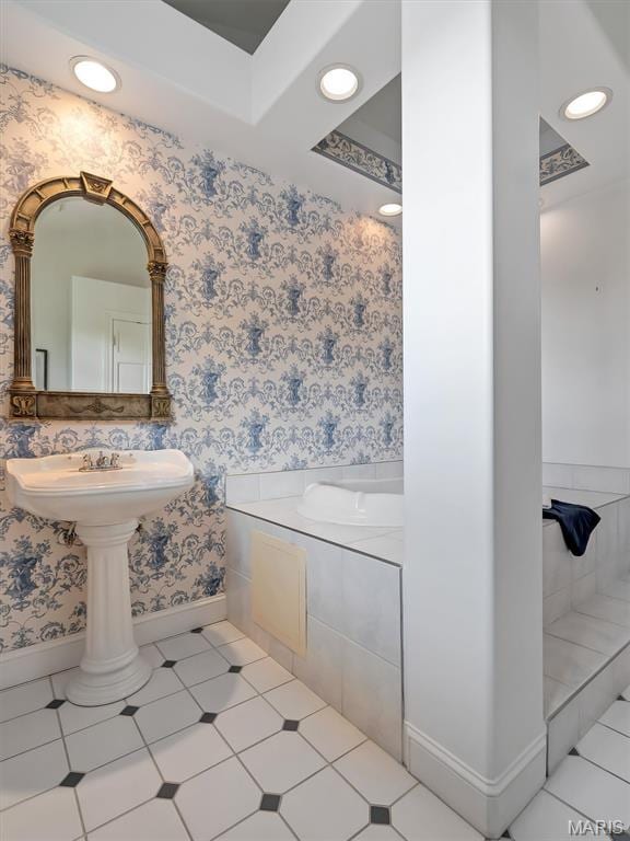 590 Fairway Dr, Union, MO 63084 - bathroom with wallpapered walls, tile patterned flooring, recessed lighting, and baseboards