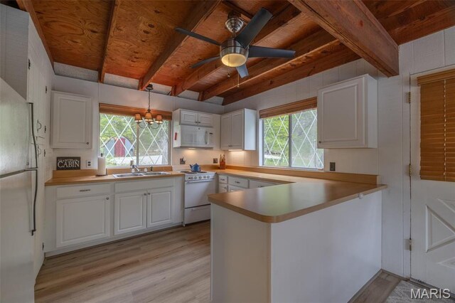 87 E Altdorf Dr, Innsbrook, MO 63390 - kitchen featuring white appliances, light wood-type flooring, a sink, white cabinets, and wood ceiling with exposed beams