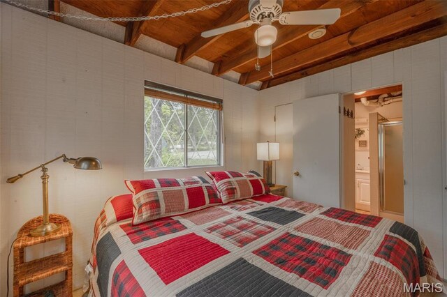 87 E Altdorf Dr, Innsbrook, MO 63390 - bedroom with wood ceiling with exposed beams and a ceiling fan