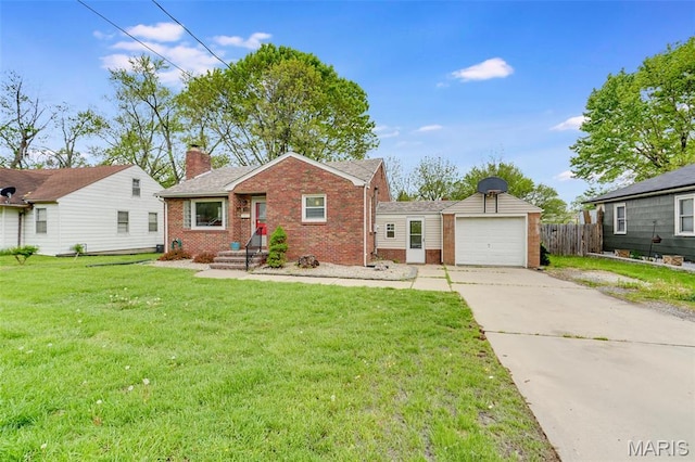 bungalow-style home with brick siding, concrete driveway, a chimney, a garage, and roof with shingles