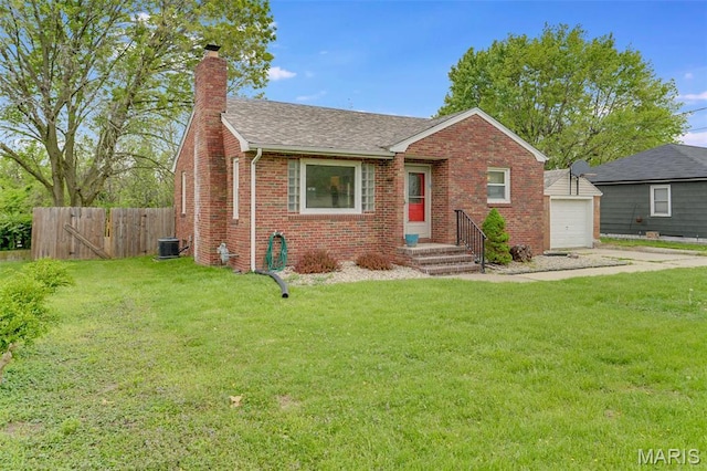 bungalow-style home with a chimney, brick siding, roof with shingles, concrete driveway, and central AC unit