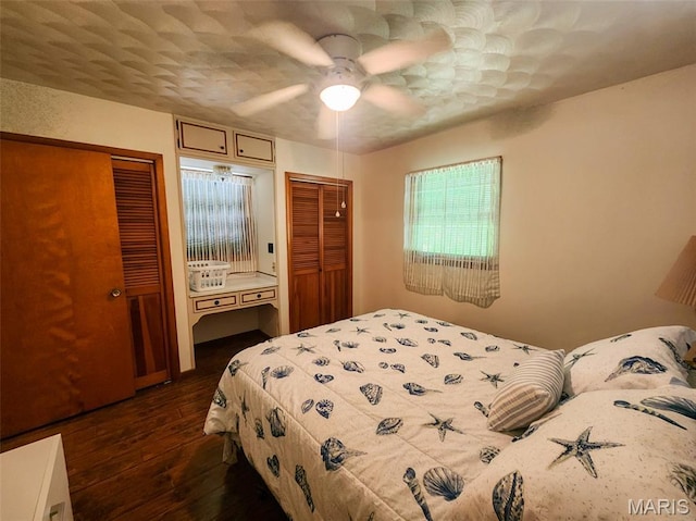 15222 Circle Dr, Gillespie, IL 62033 - bedroom featuring dark wood finished floors, two closets, and a ceiling fan