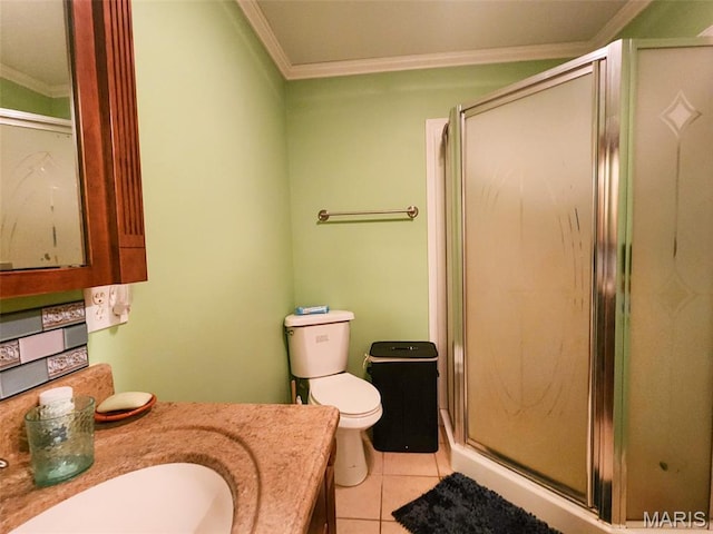 15222 Circle Dr, Gillespie, IL 62033 - bathroom with ornamental molding, a shower stall, vanity, toilet, and tile patterned flooring