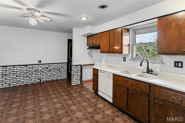 4900 Eiffel Dr, Godfrey, IL 62035 - kitchen featuring dishwasher, a sink, a ceiling fan, and light countertops