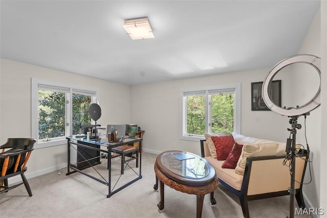 office area with baseboards and light colored carpet