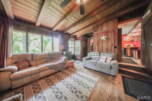 living room with wood finished floors, wooden ceiling, a ceiling fan, and wood walls