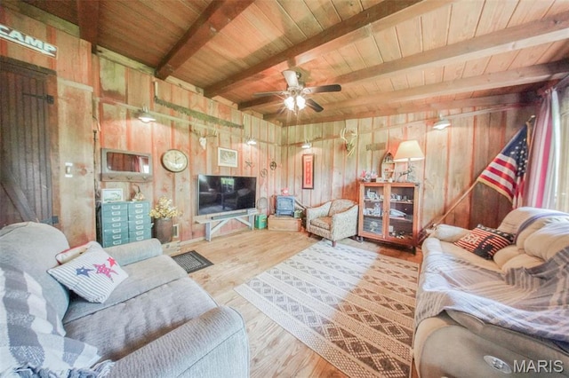 living area featuring wood finished floors, wooden ceiling, beamed ceiling, ceiling fan, and wood walls