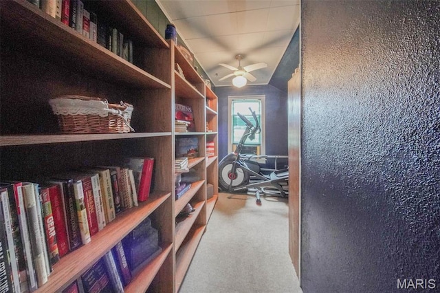 storage area featuring a ceiling fan