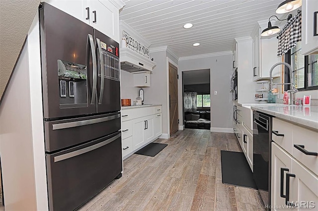 2754 Adeline Ave, Cape Girardeau, MO 63701 - kitchen with stainless steel refrigerator with ice dispenser, dishwashing machine, light wood-style flooring, white cabinets, and crown molding