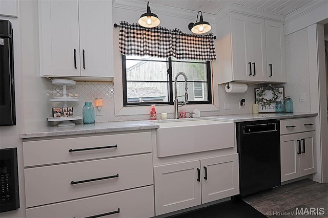 2754 Adeline Ave, Cape Girardeau, MO 63701 - kitchen with black appliances, backsplash, white cabinetry, dark wood finished floors, and crown molding