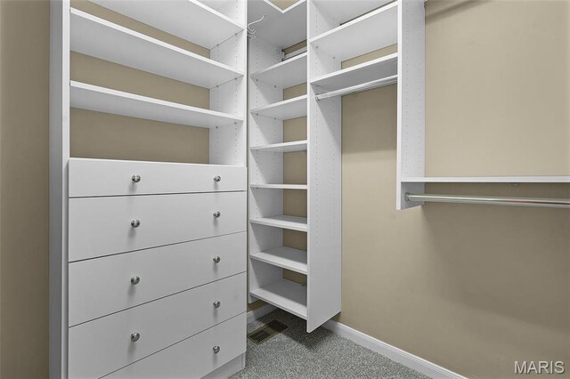 walk in closet featuring dark colored carpet