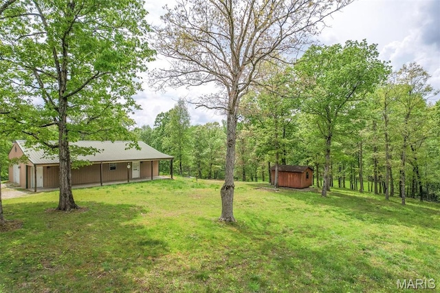 view of grassy yard featuring a shed and an outdoor structure