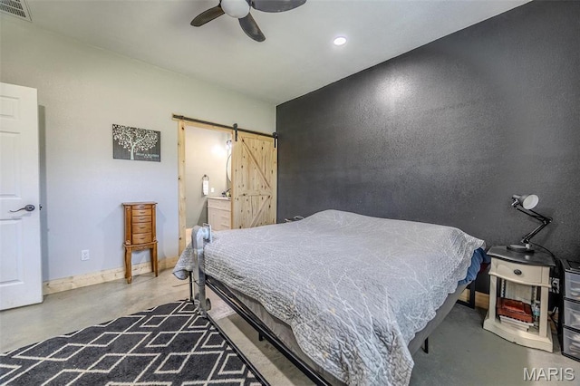 22950 Pin Oak Dr, Lebanon, MO 65536 - bedroom with a barn door, concrete floors, ceiling fan, and recessed lighting