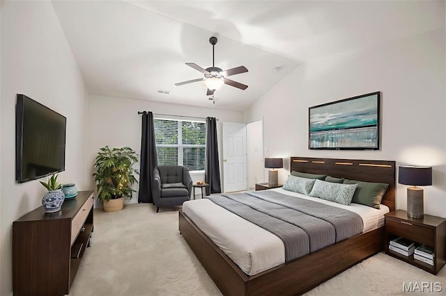 554 Springhurst Pkwy, Ofallon, MO 63368 - bedroom featuring light carpet, vaulted ceiling, and a ceiling fan