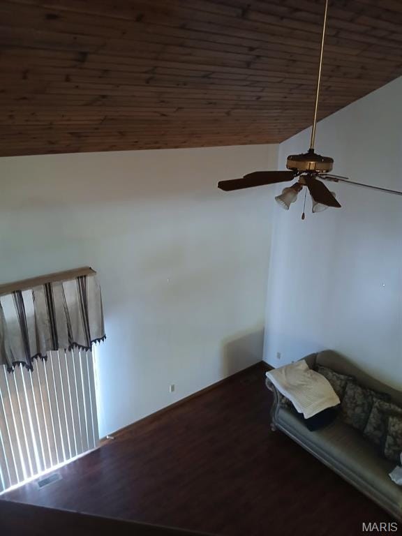 10506 Camden Park Dr, Saint Louis, MO 63135 - spare room featuring a ceiling fan, lofted ceiling, wood finished floors, and wood ceiling