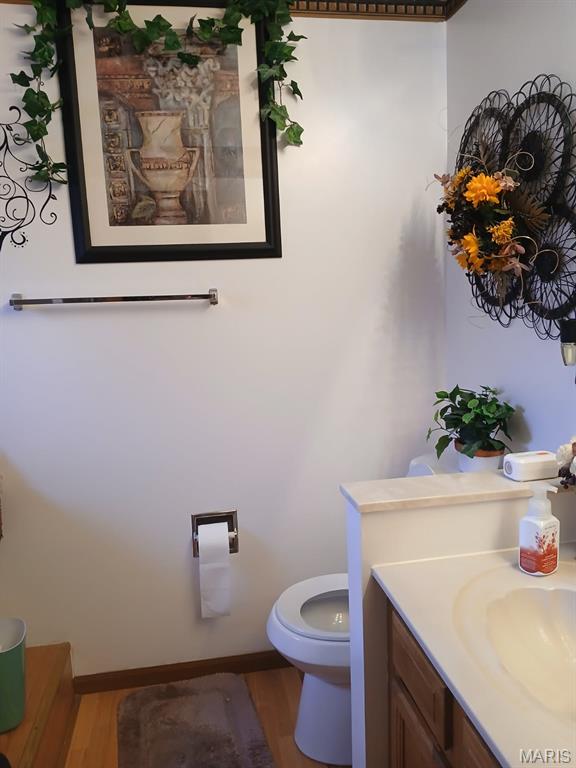 10506 Camden Park Dr, Saint Louis, MO 63135 - half bath featuring wood finished floors, vanity, toilet, and baseboards