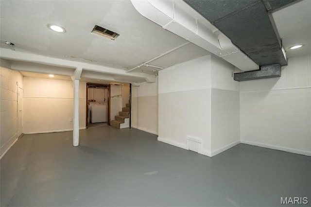 126 E Waymire Ave, Saint Louis, MO 63119 - finished below grade area featuring stairway, washer / dryer, baseboards, and recessed lighting