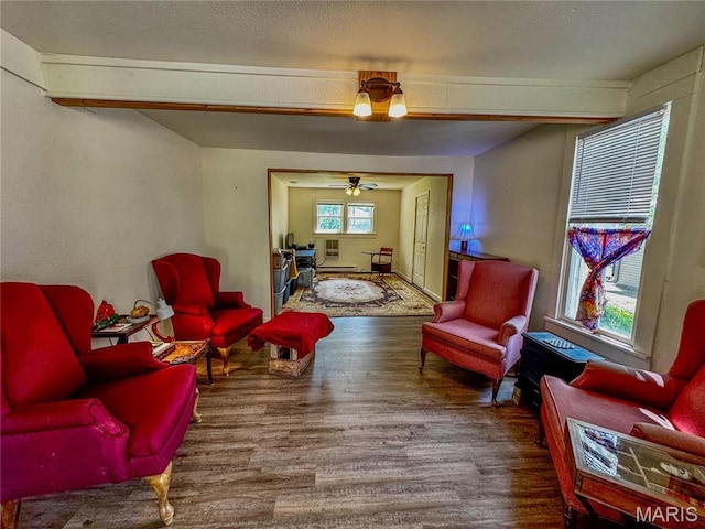 274 Cornelison St, Lebanon, MO 65536 - living area with wood finished floors, beamed ceiling, a ceiling fan, and a baseboard radiator