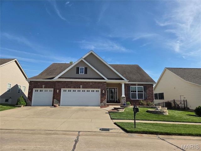 craftsman inspired home featuring brick siding, an attached garage, concrete driveway, and board and batten siding