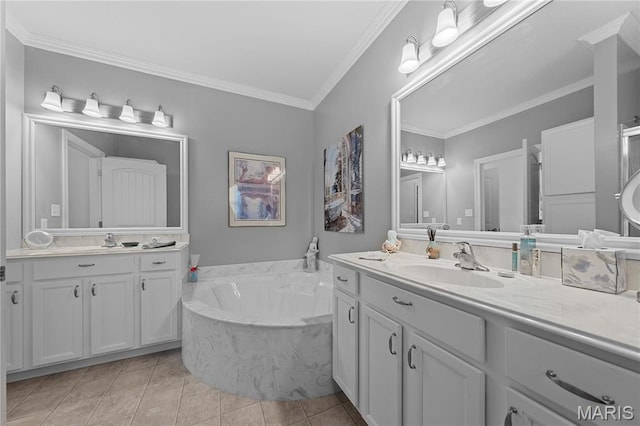 bathroom featuring ornamental molding, two vanities, a garden tub, and tile patterned flooring