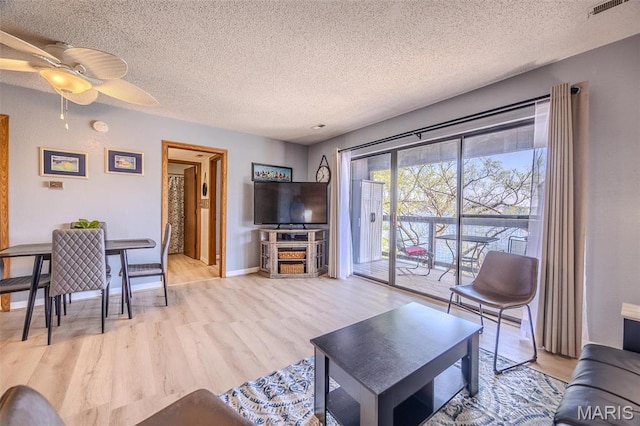 256 Lone Oak Unit 15, Sunrise Beach, MO 65079 - living room featuring light wood-type flooring, a textured ceiling, a ceiling fan, and baseboards
