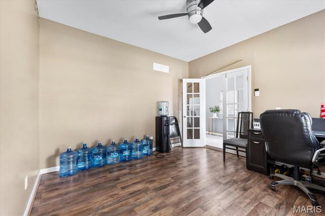 2226 Bay Tree Dr, Saint Peters, MO 63376 - home office featuring wood finished floors, ceiling fan, french doors, and baseboards