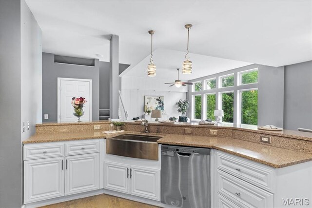 2226 Bay Tree Dr, Saint Peters, MO 63376 - kitchen with stainless steel dishwasher, a sink, light stone counters, a ceiling fan, and white cabinets