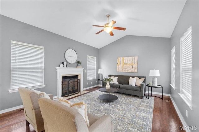 2226 Bay Tree Dr, Saint Peters, MO 63376 - living room featuring a ceiling fan, lofted ceiling, wood finished floors, and healthy amount of natural light