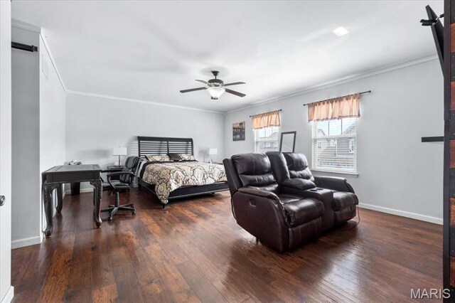 2226 Bay Tree Dr, Saint Peters, MO 63376 - bedroom with crown molding, wood-type flooring, baseboards, and a ceiling fan