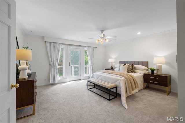 2125 Crystal Dr, Saint Louis, MO 63131 - bedroom with access to exterior, carpet floors, ornamental molding, baseboards, and ceiling fan