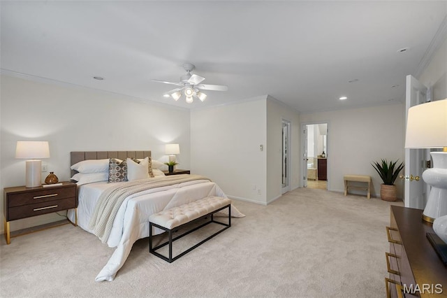 2125 Crystal Dr, Saint Louis, MO 63131 - bedroom featuring ornamental molding, light colored carpet, baseboards, a ceiling fan, and recessed lighting