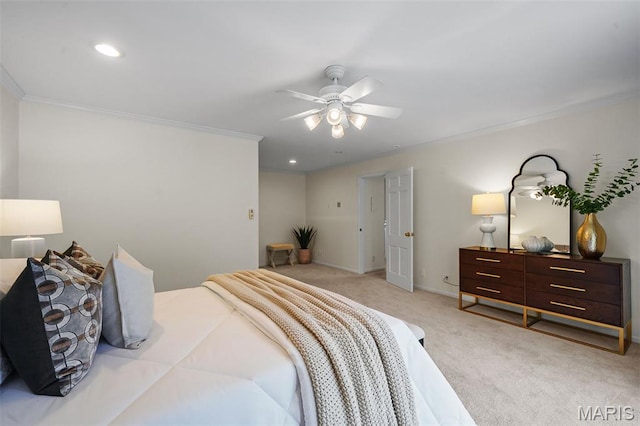 2125 Crystal Dr, Saint Louis, MO 63131 - bedroom with light colored carpet, crown molding, ceiling fan, baseboards, and recessed lighting