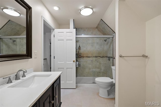 2125 Crystal Dr, Saint Louis, MO 63131 - full bath with toilet, vanity, a stall shower, and tile patterned flooring