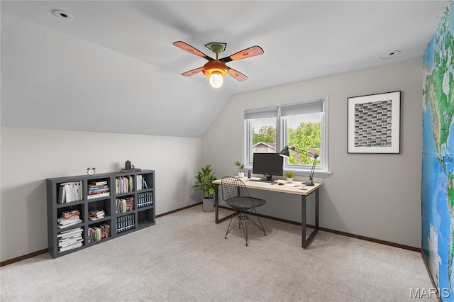 2125 Crystal Dr, Saint Louis, MO 63131 - carpeted office space featuring ceiling fan, baseboards, and vaulted ceiling