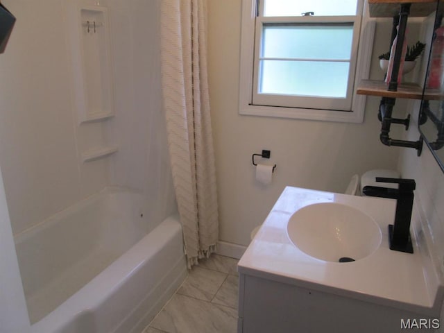 11 W S St, Gerald, MO 63037 - bathroom featuring shower / tub combo with curtain, marble look tile flooring, and vanity