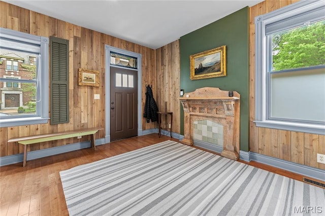 3559 Halliday Ave Unit 102, Saint Louis, MO 63118 - foyer with baseboards, wood walls, plenty of natural light, and wood finished floors