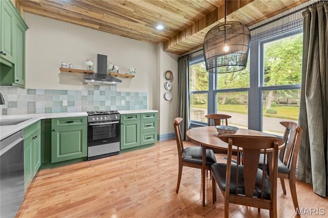 3559 Halliday Ave Unit 102, Saint Louis, MO 63118 - kitchen featuring green cabinetry, appliances with stainless steel finishes, wood ceiling, island range hood, and light countertops