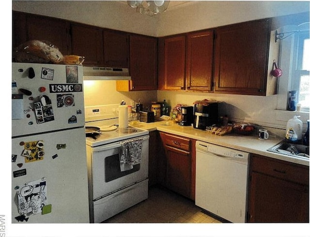5 Gerri Ann Dr, Belleville, IL 62220 - kitchen with white appliances, under cabinet range hood, light countertops, and a sink