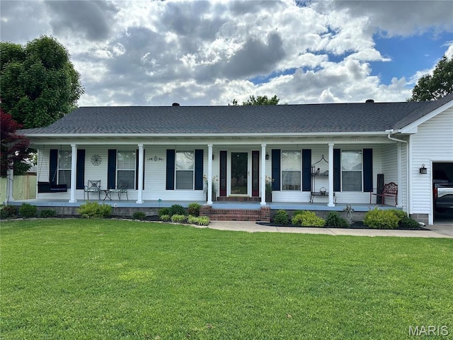 view of front of property with a porch, a front yard, a shingled roof, and an attached garage